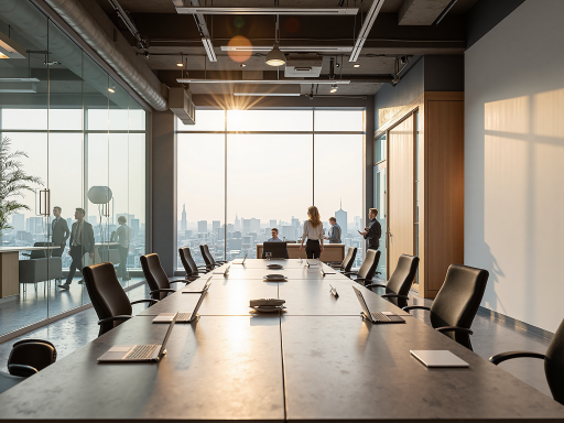 现代化办公环境，宽敞明亮的会议室，员工正在讨论工作，简洁现代装修风格
